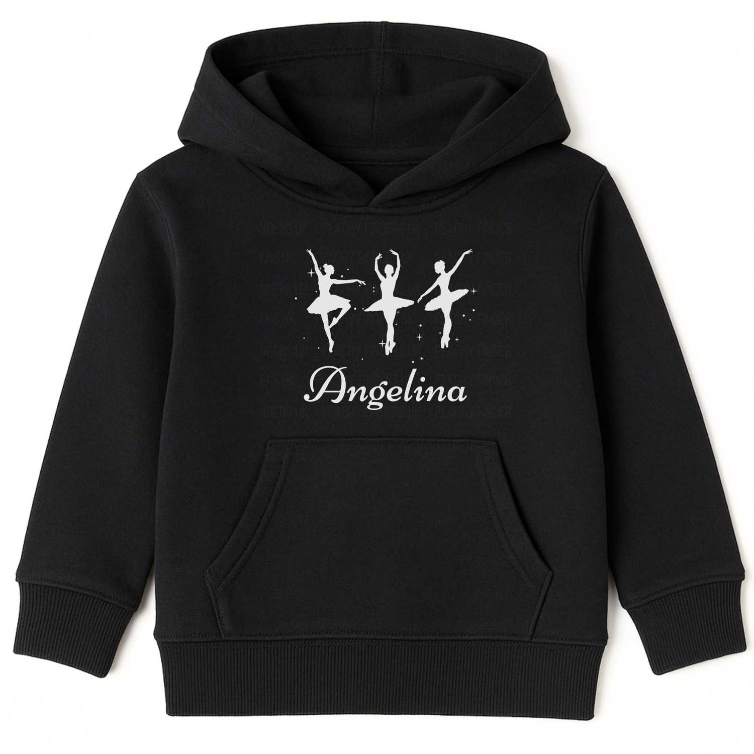 Girls black pullover hoodie featuring three elegant ballerina silhouettes printed on the front, with a custom-name underneath
