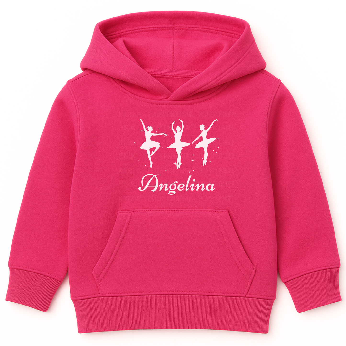 Girls hot pink pullover hoodie featuring three elegant ballerina silhouettes printed on the front, with a custom-name underneath