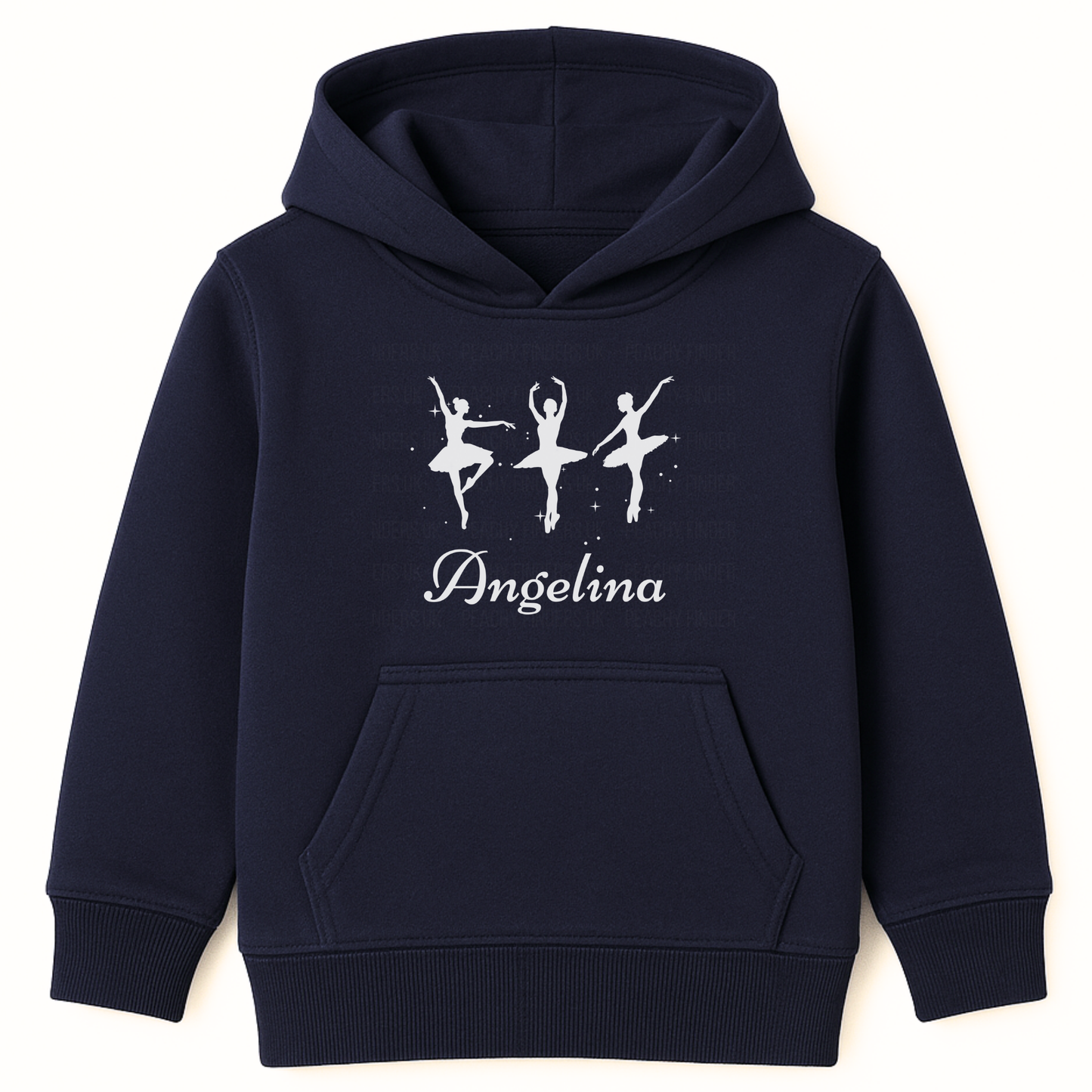 Girls navy pullover hoodie featuring three elegant ballerina silhouettes printed on the front, with a custom-name underneath