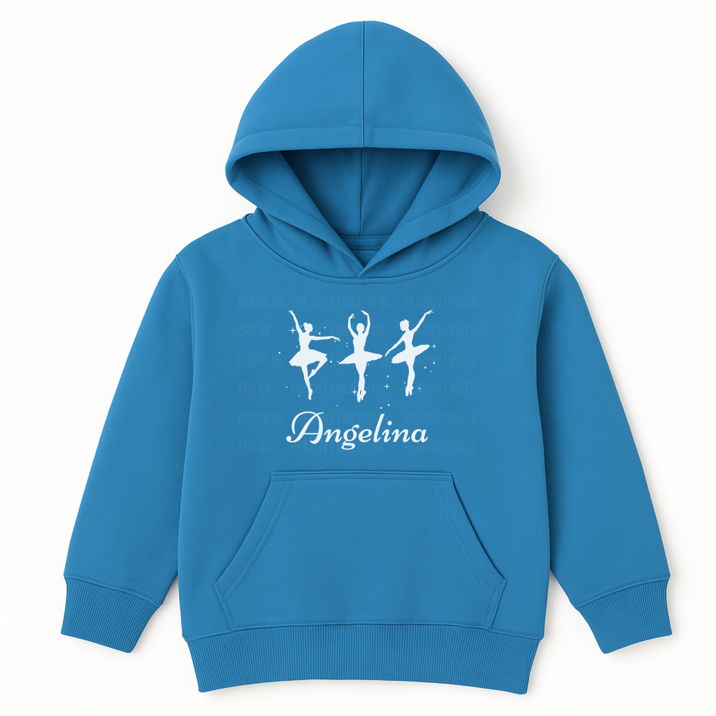Girls sapphire blue pullover hoodie featuring three elegant ballerina silhouettes printed on the front, with a custom-name underneath