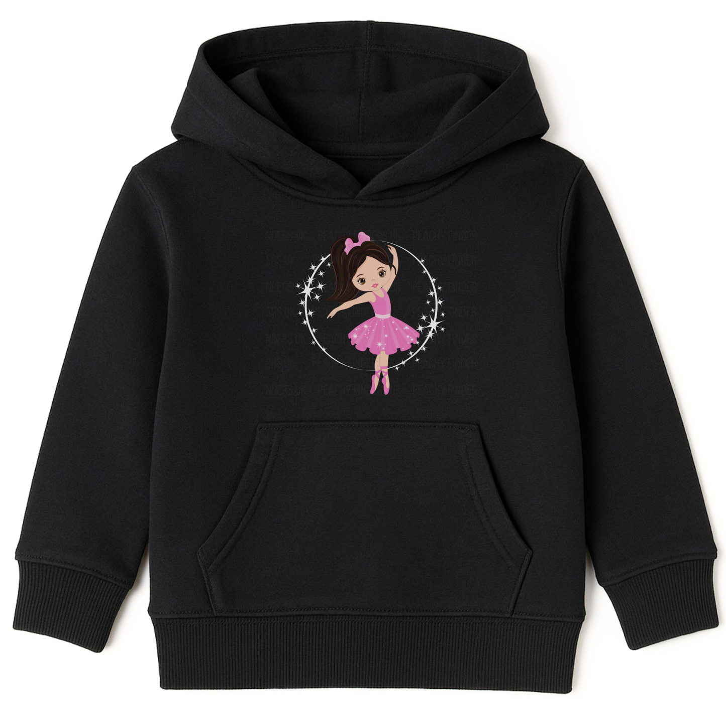 Girls black hoodie featuring a cute cartoon ballerina in a pink tutu and bow, dancing inside a circle of stars.