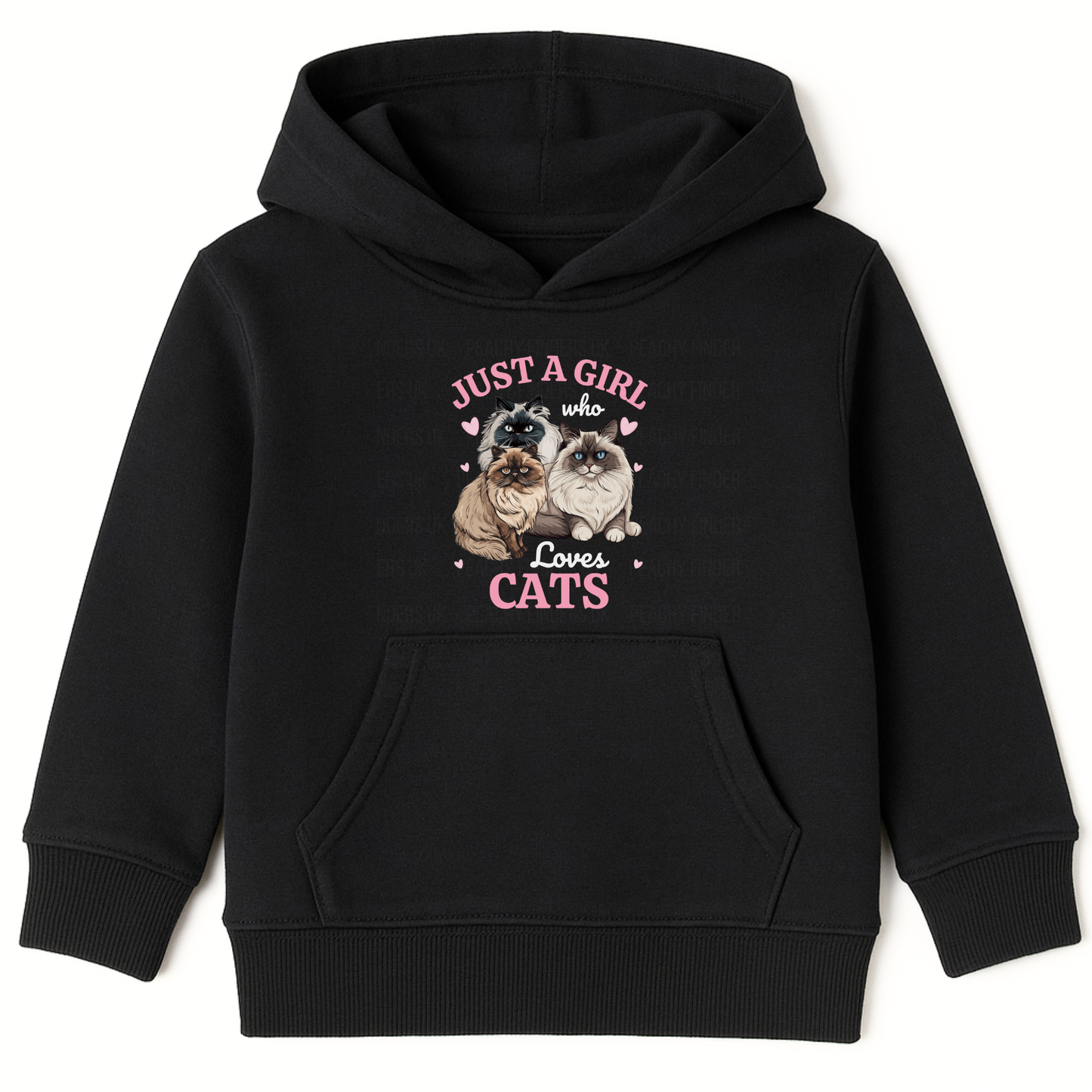 Girls black hoodie featuring Ragdoll and Persian cat design surrounded by pink hearts and the text ‘Just a Girl Who Loves Cats
