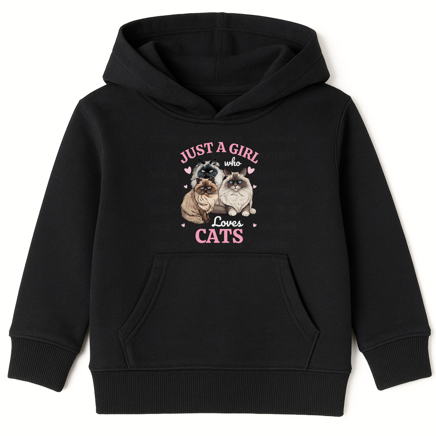 Girls black hoodie featuring Ragdoll and Persian cat design surrounded by pink hearts and the text ‘Just a Girl Who Loves Cats