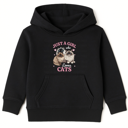 Girls black hoodie featuring Ragdoll and Persian cat design surrounded by pink hearts and the text ‘Just a Girl Who Loves Cats