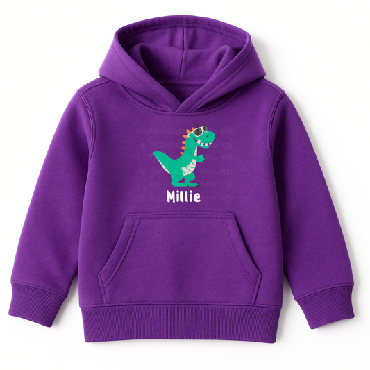 Purple girls personalised cool dinosaur hoodie with custom name and fun dino graphic