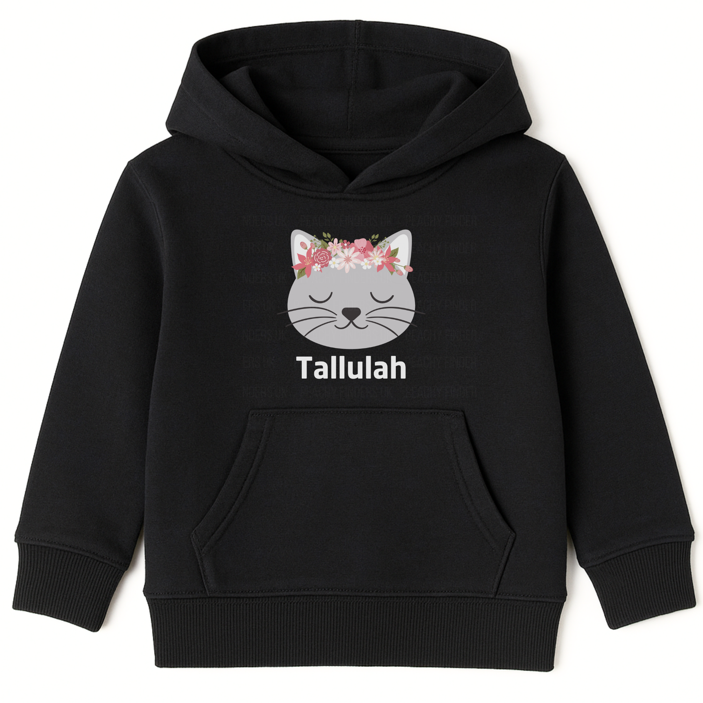 Girls black personalised floral cat hoodie with custom name ‘Tallulah’ printed below a peaceful grey cat face wearing a pink and white flower crown