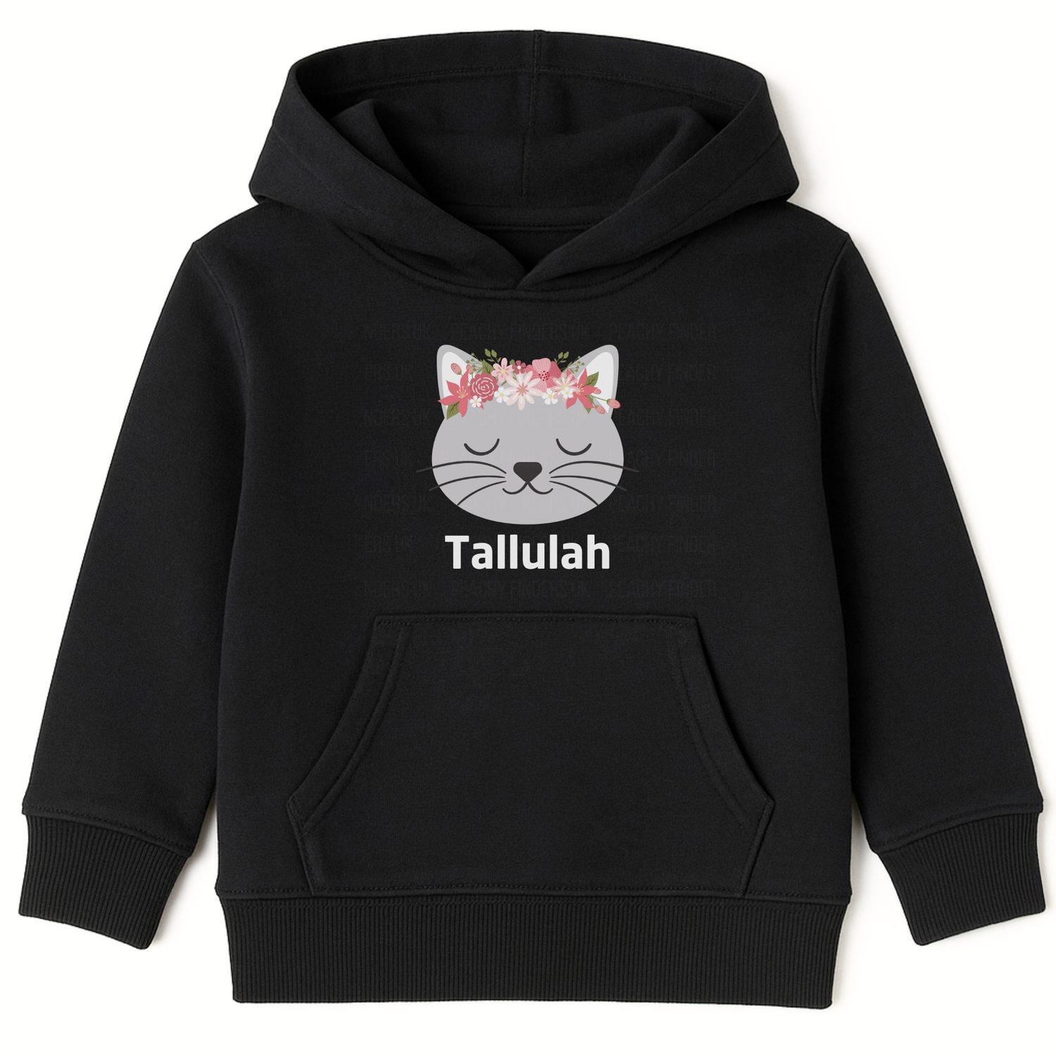 Girls black personalised floral cat hoodie with custom name ‘Tallulah’ printed below a peaceful grey cat face wearing a pink and white flower crown