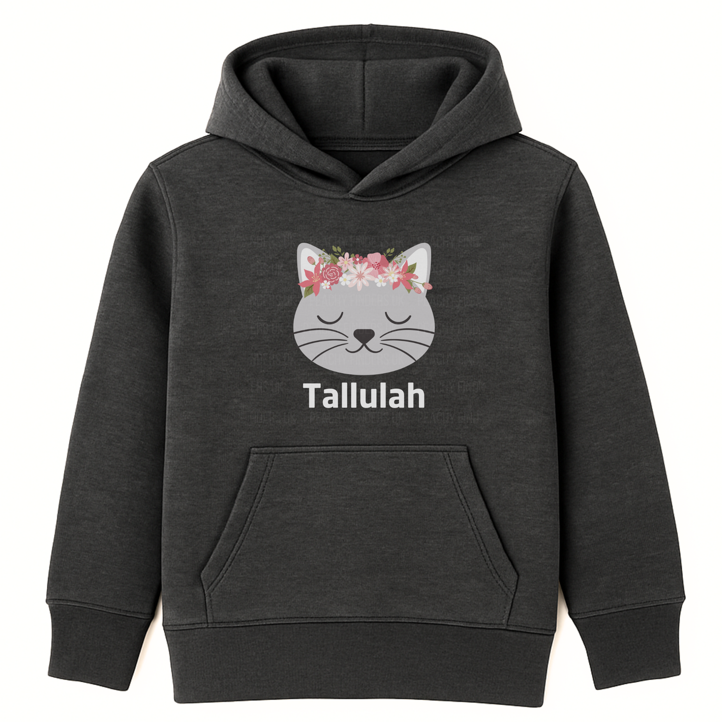 Girls charcoal grey personalised floral cat hoodie with custom name ‘Tallulah’ printed below a peaceful grey cat face wearing a pink and white flower crown