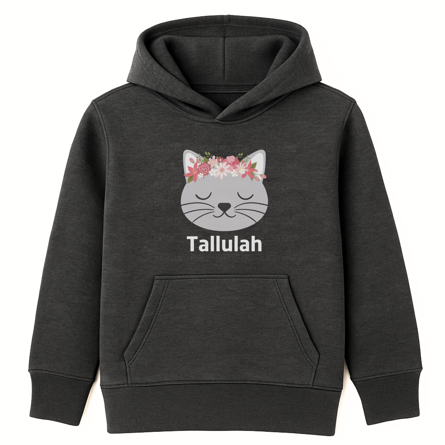 Girls charcoal grey personalised floral cat hoodie with custom name ‘Tallulah’ printed below a peaceful grey cat face wearing a pink and white flower crown