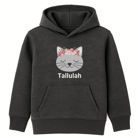 Girls charcoal grey personalised floral cat hoodie with custom name ‘Tallulah’ printed below a peaceful grey cat face wearing a pink and white flower crown