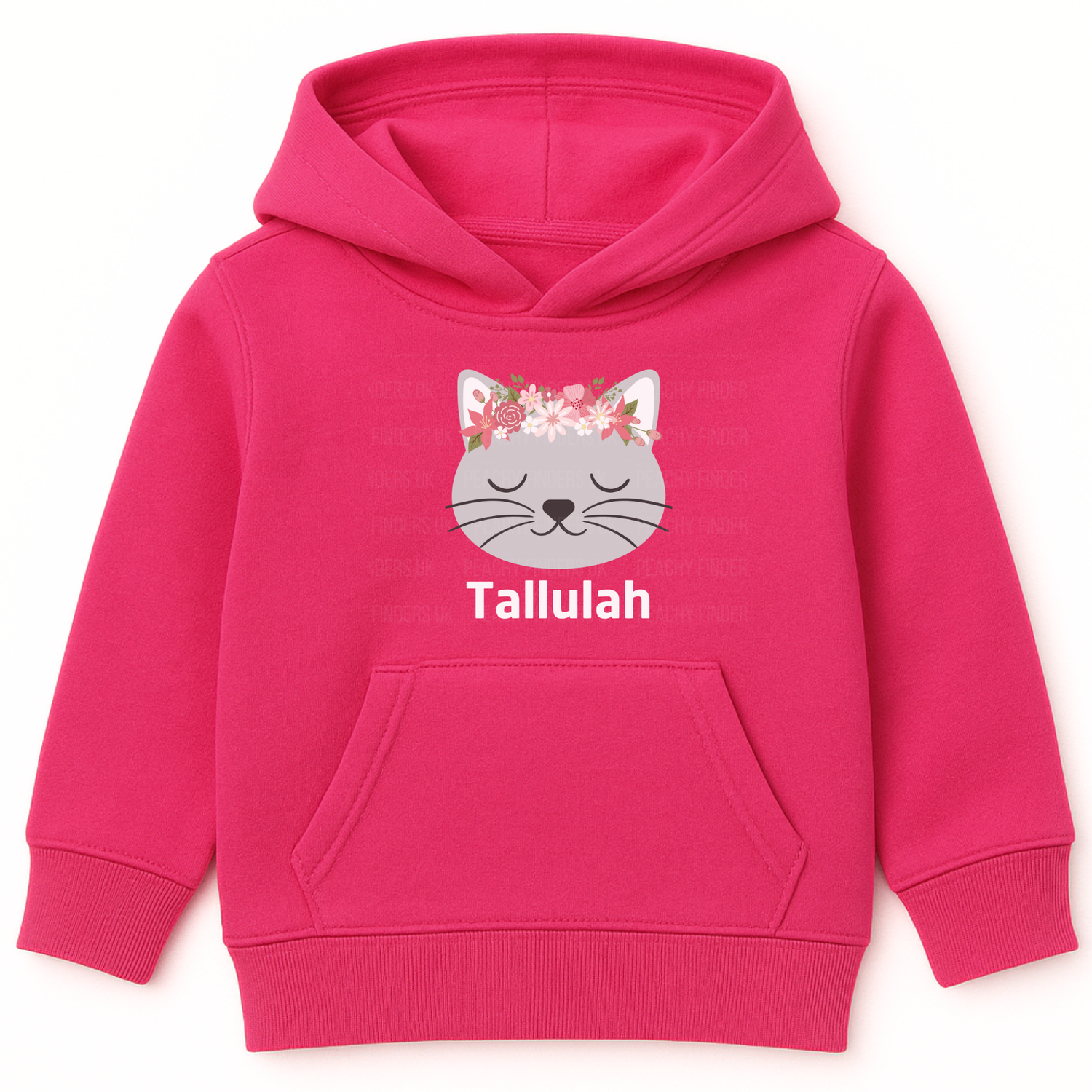 Girls hot pink personalised floral cat pullover hoodie with custom name printed below a peaceful grey cat face wearing a pink and white flower crown