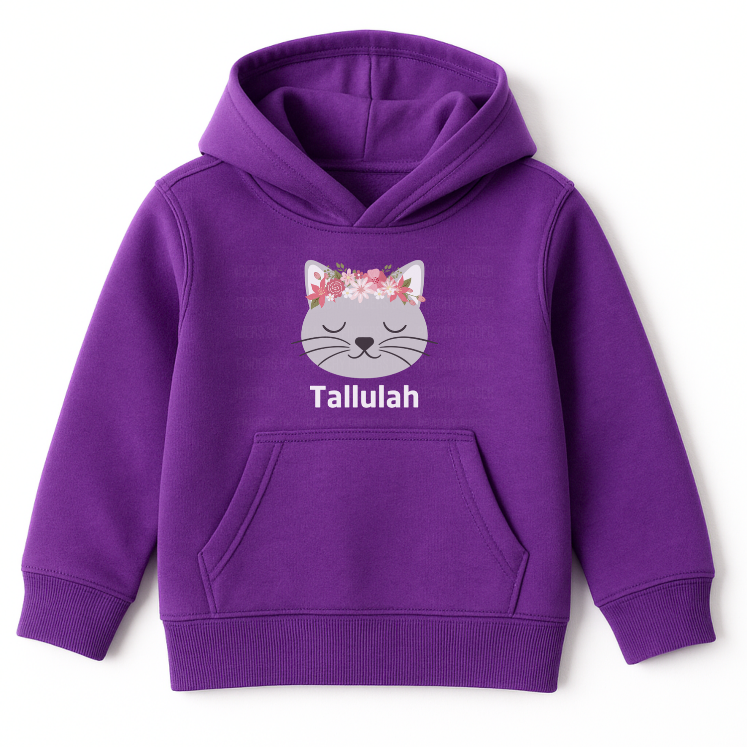 Girls purple personalised floral cat pullover hoodie with custom name printed below a peaceful grey cat face wearing a pink and white flower crown