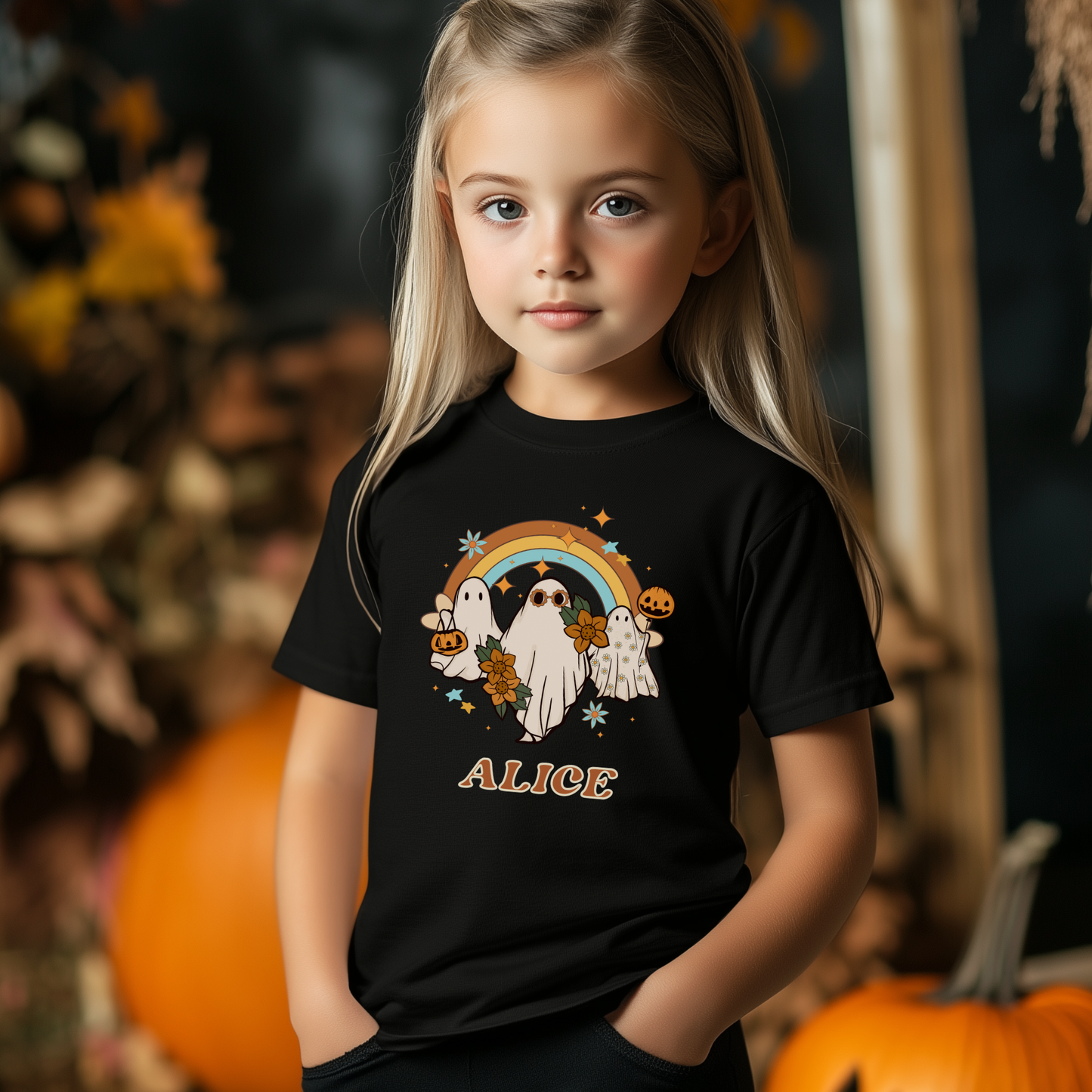 A young girl with long blonde hair modelling a black t-shirt with a retro-style halloween ghosts graphic printed design.