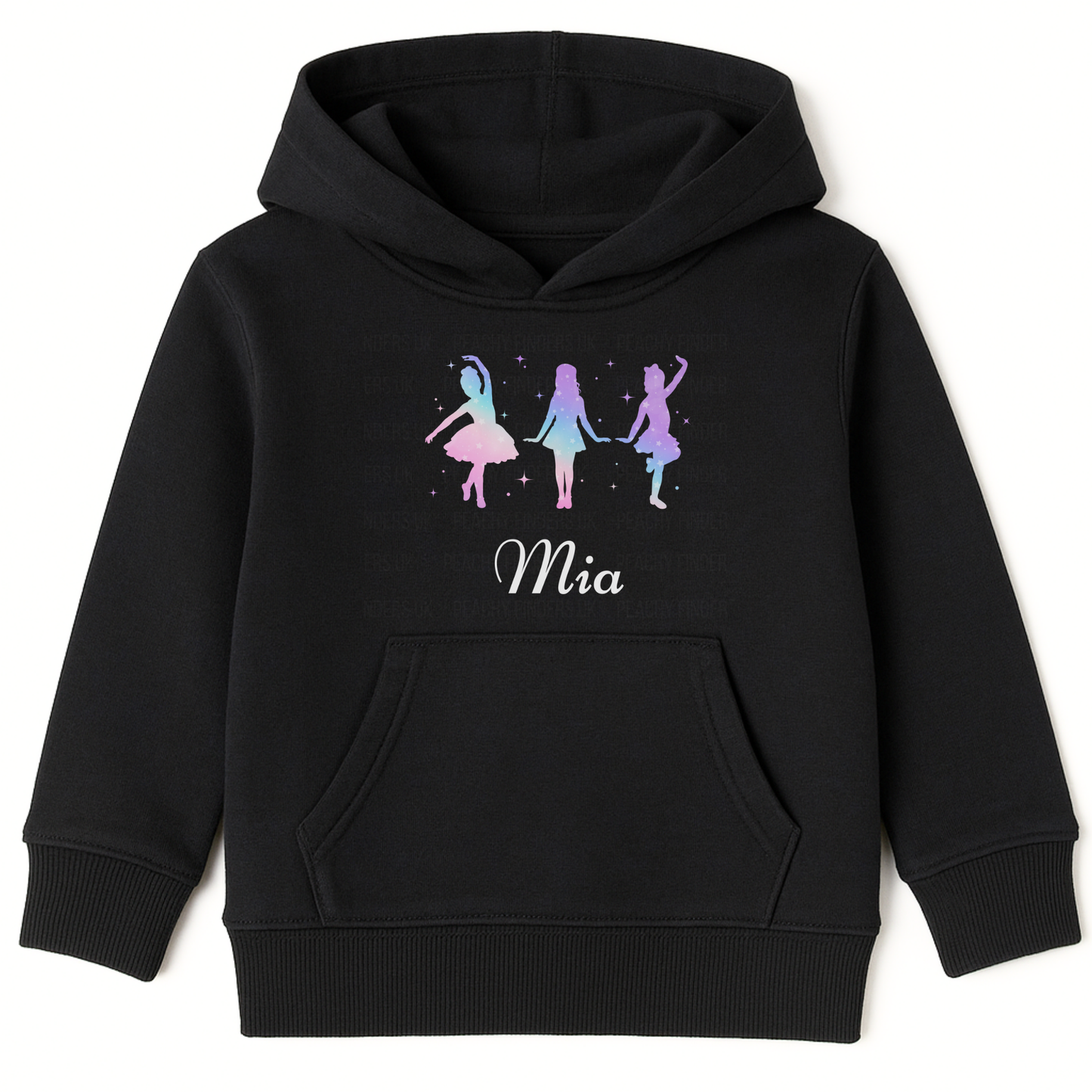 Girls black pullover hoodie featuring three colourful dancer silhouettes representing tap, jazz, and ballet styles with a personalised name printed below design