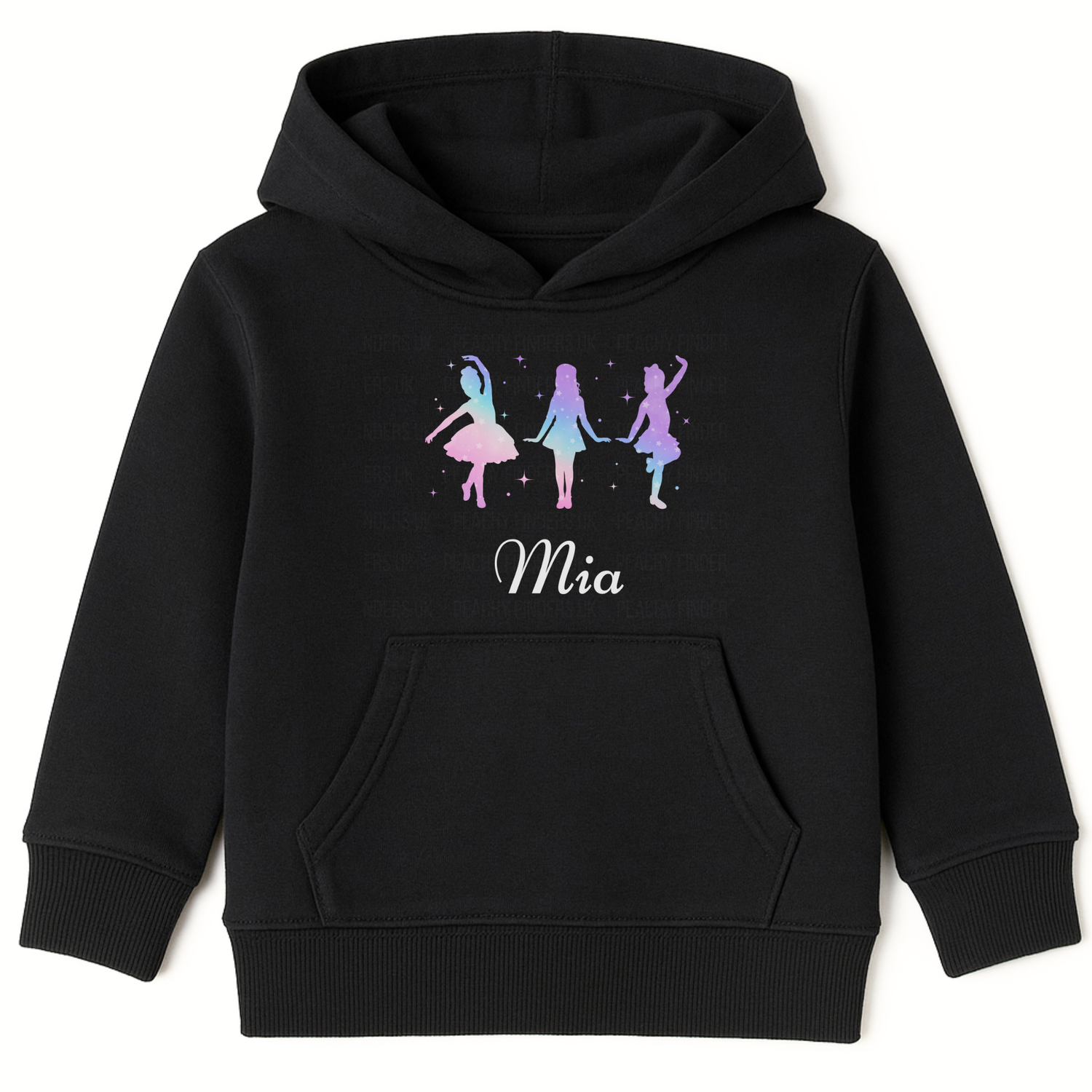 Girls black pullover hoodie featuring three colourful dancer silhouettes representing tap, jazz, and ballet styles with a personalised name printed below design