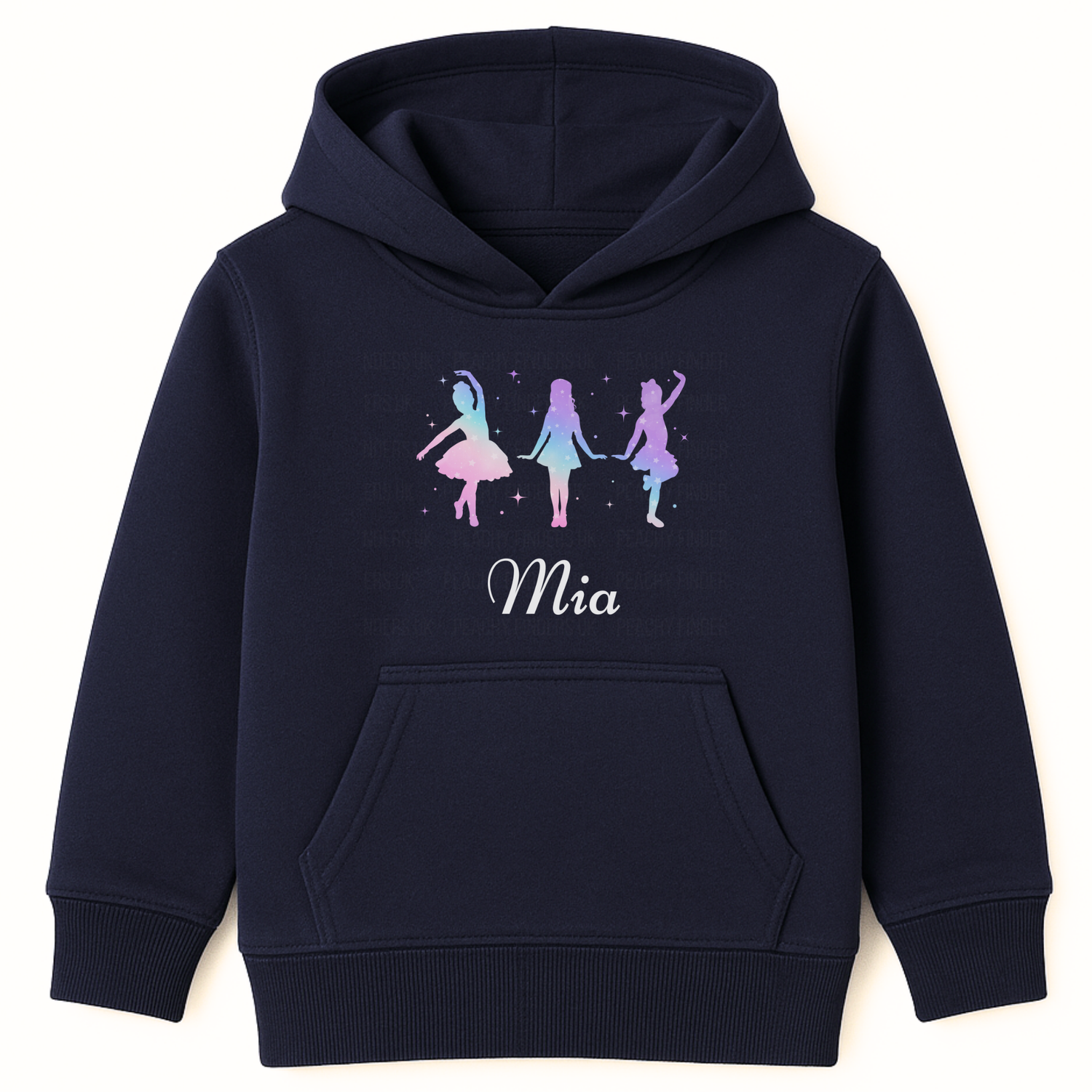 Girls navy pullover hoodie featuring three colourful dancer silhouettes representing tap, jazz, and ballet styles with a personalised name printed below design