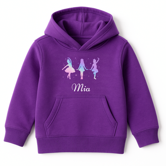 Purple girls hoodie featuring three colourful dancer silhouettes representing tap, jazz, and ballet styles with a personalised name printed below design