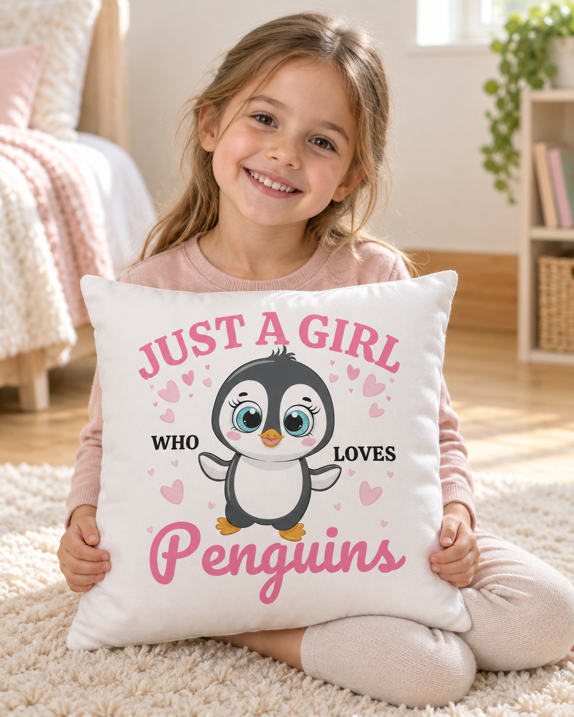 Girl holding a Just a Girl Who Loves Penguins cushion while sitting on a cream bedroom rug