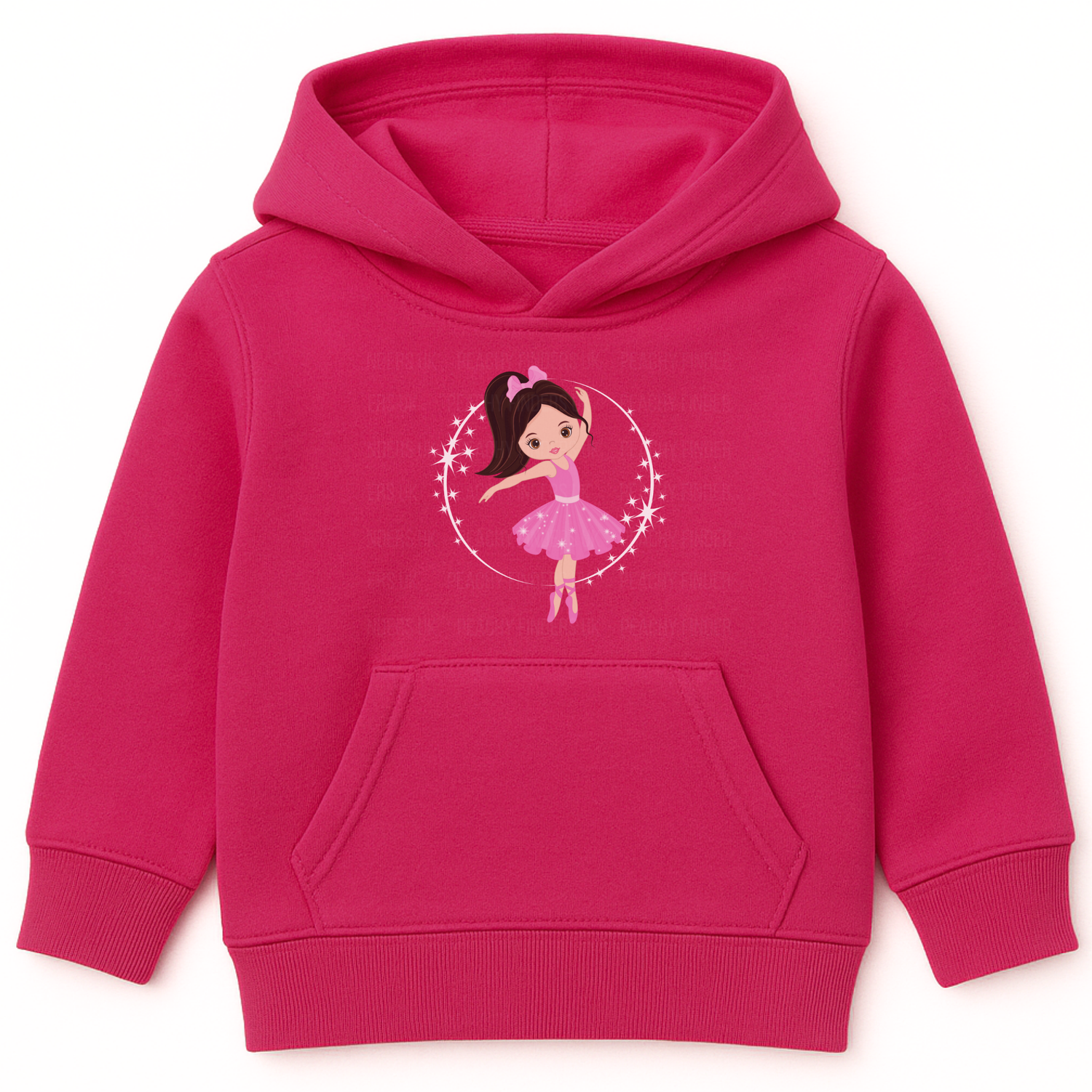 Hot pink girls pulloverhoodie featuring a cute cartoon ballerina in a pink tutu and bow, dancing inside a circle of stars.
