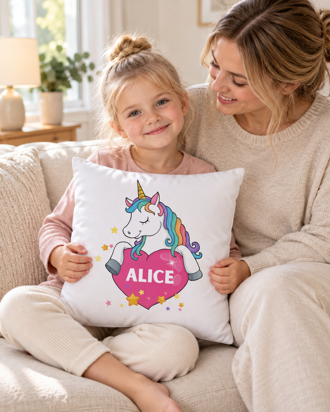 Blonde girl sitting beside her mother on a cream sofa, hugging a white unicorn cushion with a pink heart personalised with Alice.