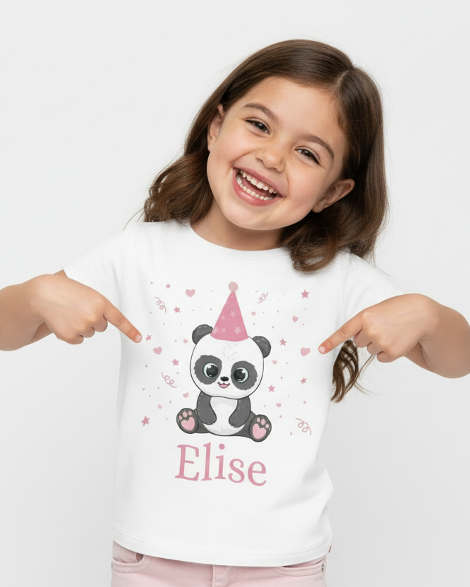 Girl pointing to personalised panda birthday t-shirt with name Elise and number 6, custom kids birthday shirt