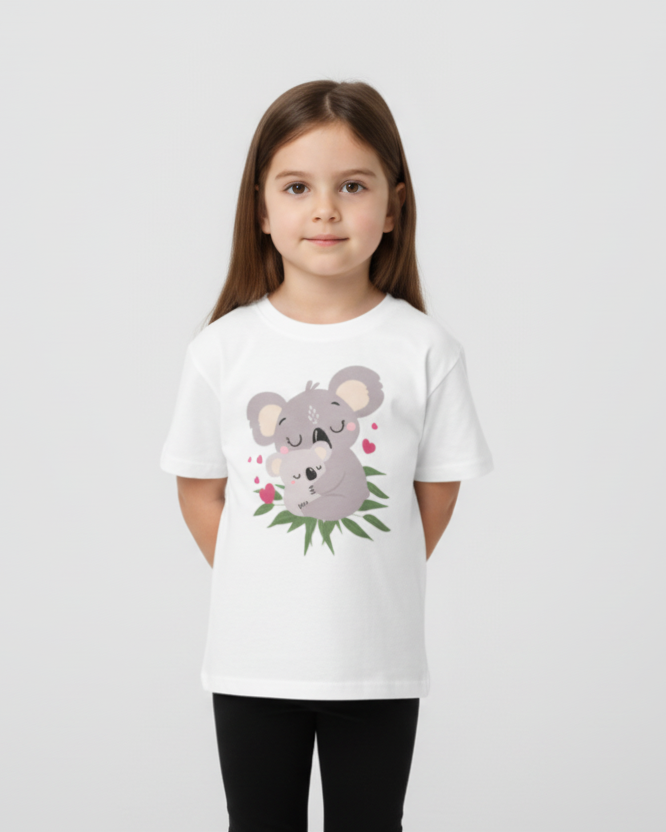 Young girl standing in studio wearing a white koala print children’s T-shirt and black leggings, soft neutral background.