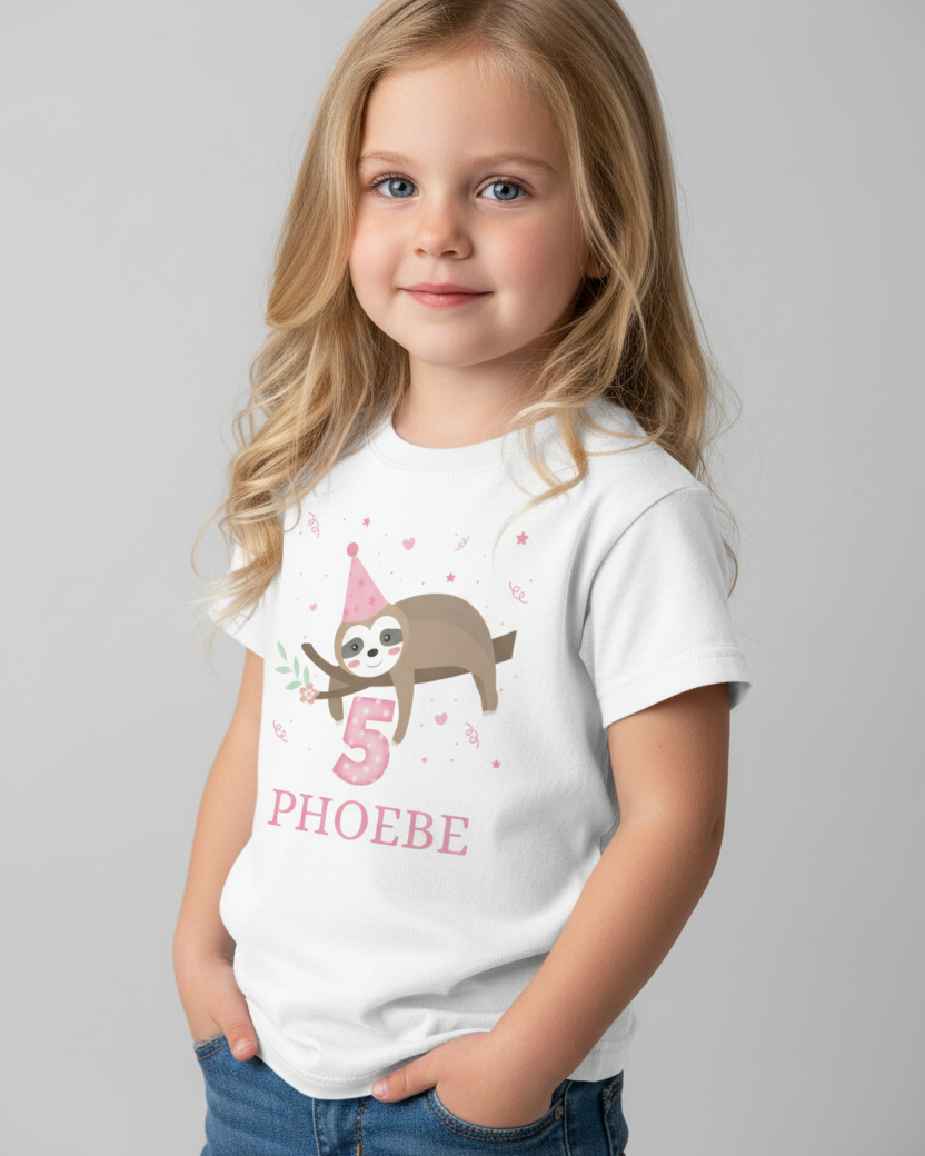 Child wearing custom 5th birthday sloth t-shirt in white, featuring pink number 5 and name PHOEBE, studio portrait.