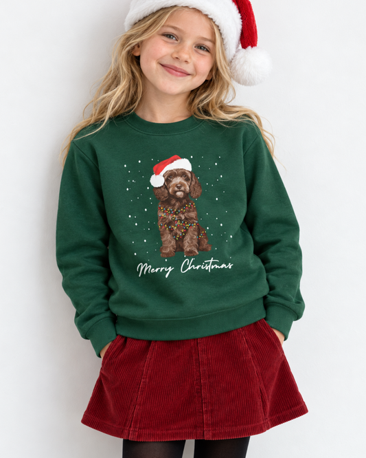 A young girl wearing a dark green Christmas sweatshirt with a chocolate brown cockapoo dog graphic and 'Merry Christmas' text, paired with a red corduroy skirt and a Santa hat, posing against a white background.