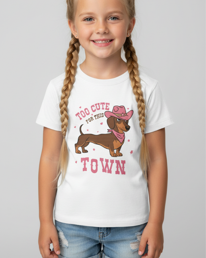 Smiling girl wearing white Too Cute For This Town cowgirl dachshund T-shirt sitting on wooden stool with denim shorts