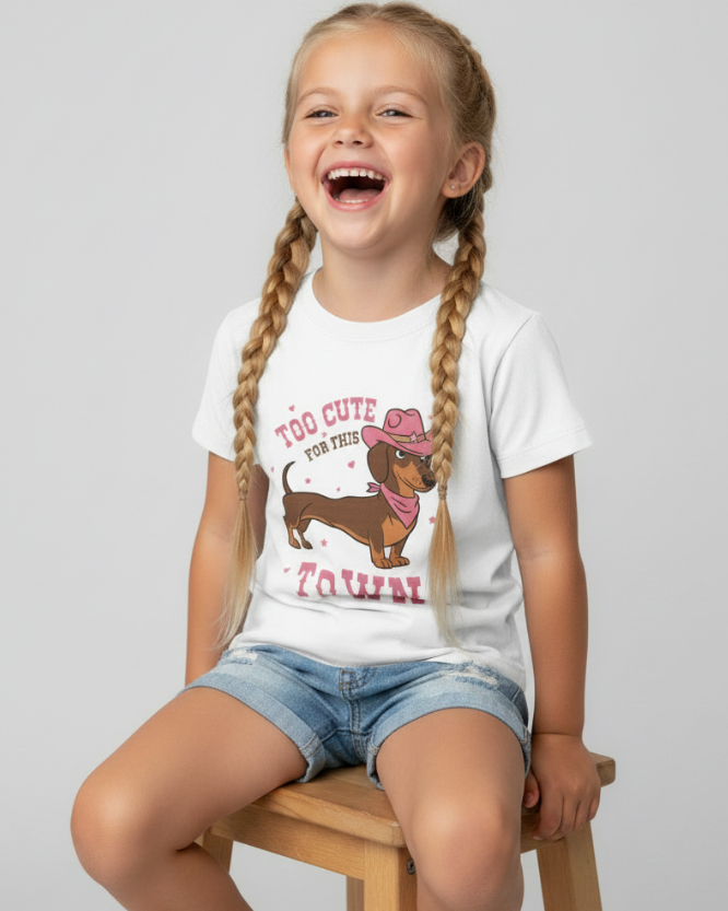 Happy little girl wearing white cowgirl dachshund graphic T-shirt with braided hair and denim shorts studio portrait