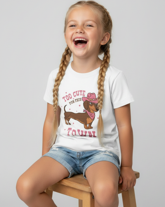 Happy little girl wearing white cowgirl dachshund graphic T-shirt with braided hair and denim shorts studio portrait