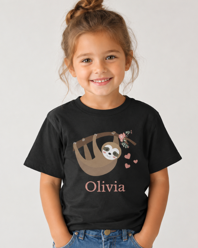 Girl wearing black personalised sloth T-shirt with Olivia name, styled with denim jeans in a natural studio setting