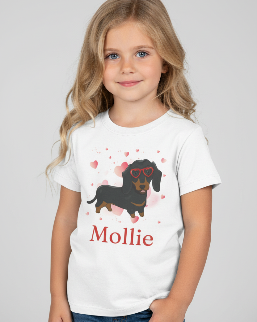 Young girl wearing a white t-shirt with a dachshund graphic and the name 'Mollie'.