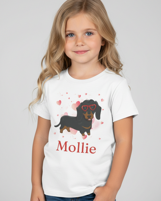 Young girl wearing a white t-shirt with a dachshund graphic and the name 'Mollie'.