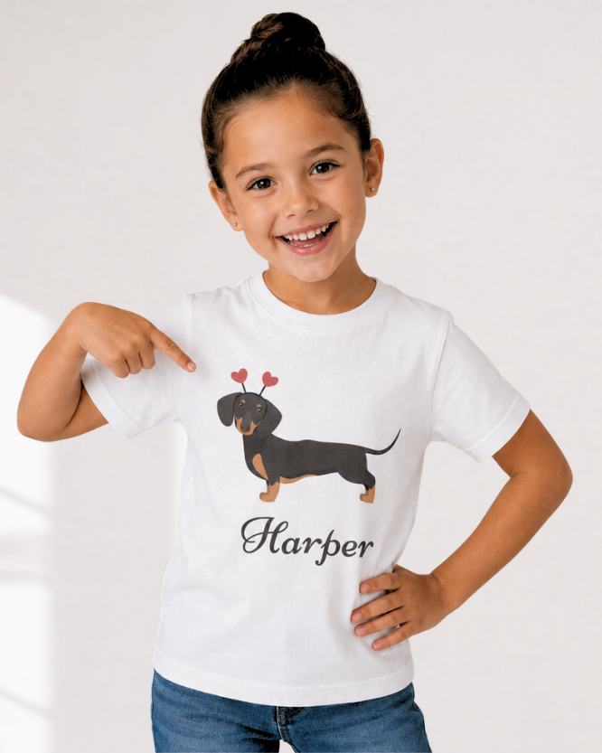 Young girl wearing personalised white dachshund t-shirt with custom name Harper, posing in studio background with cute sausage dog graphic print