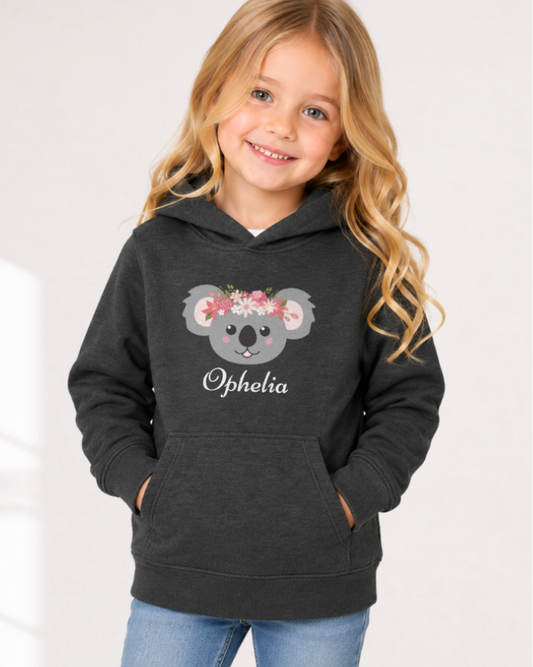 Girls Personalised Koala Hoodie with Floral Crown (Ages 3-13 Yrs)