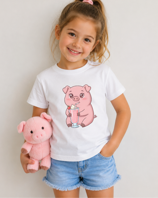Girl wearing white cute pig milkshake T-shirt with denim shorts and pink pig plush toy