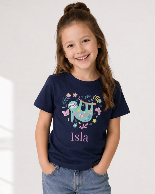 Girls Personalised Sloth Heart T-shirt (3-13 yrs)