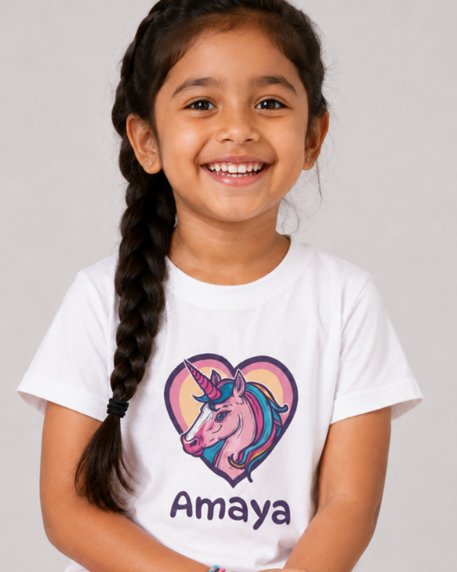 Smiling girl in personalised unicorn “Amaya” white graphic T-shirt with braided hair and bracelets.