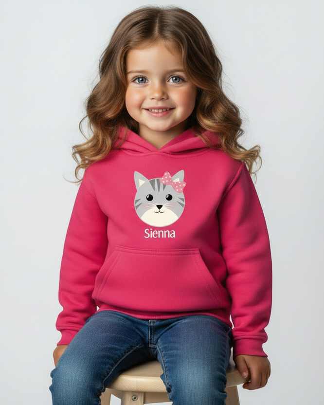 Child wearing a pink hoodie with a cat graphic and 'Sienna' text on a light gray background