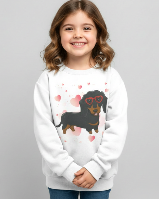 Young girl wearing a white kids sweatshirt with dachshund dog design and pink hearts, studio portrait on grey background