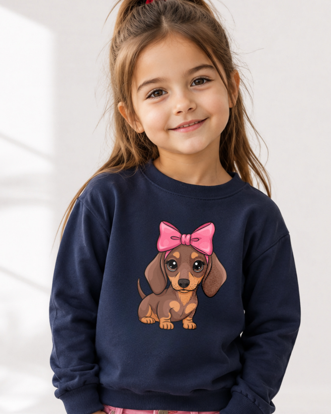 Young girl wearing a navy sweatshirt featuring a cute dachshund puppy graphic with a large pink bow, kids dog lover jumper in a studio setting.