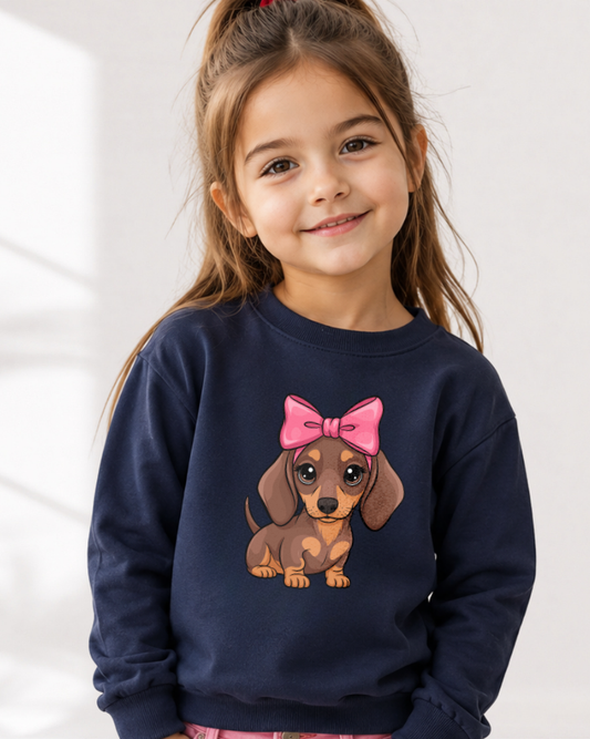 Young girl wearing a navy sweatshirt featuring a cute dachshund puppy graphic with a large pink bow, kids dog lover jumper in a studio setting.