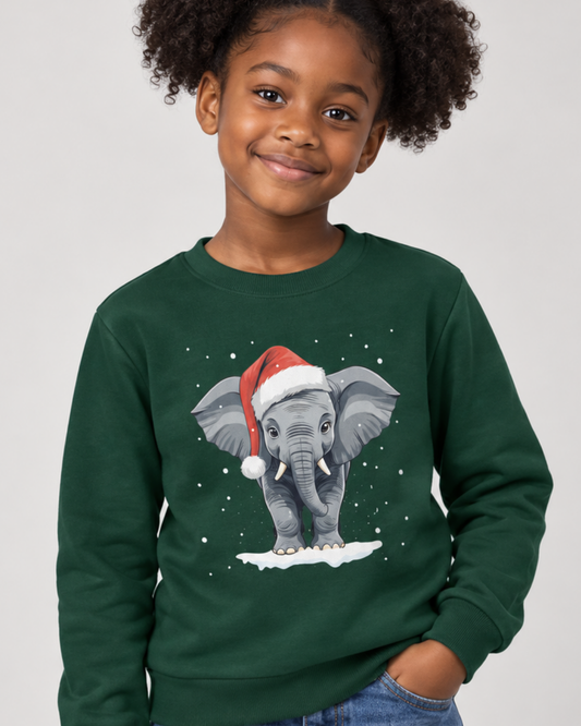 A young girl with curly hair wearing a dark green crewneck sweatshirt featuring a graphic of a grey elephant in a Santa hat, set against a plain light grey background.