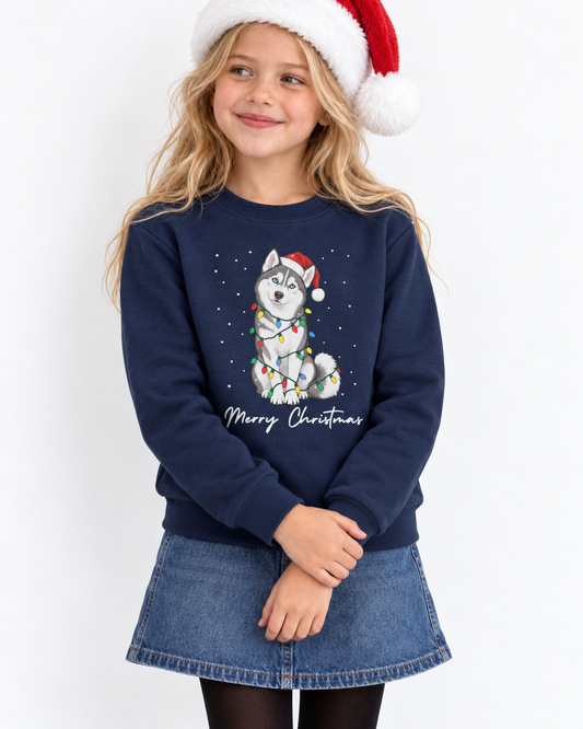 Girl wearing a navy husky Christmas sweatshirt with a denim skirt, black tights and Santa hat against a white studio background.