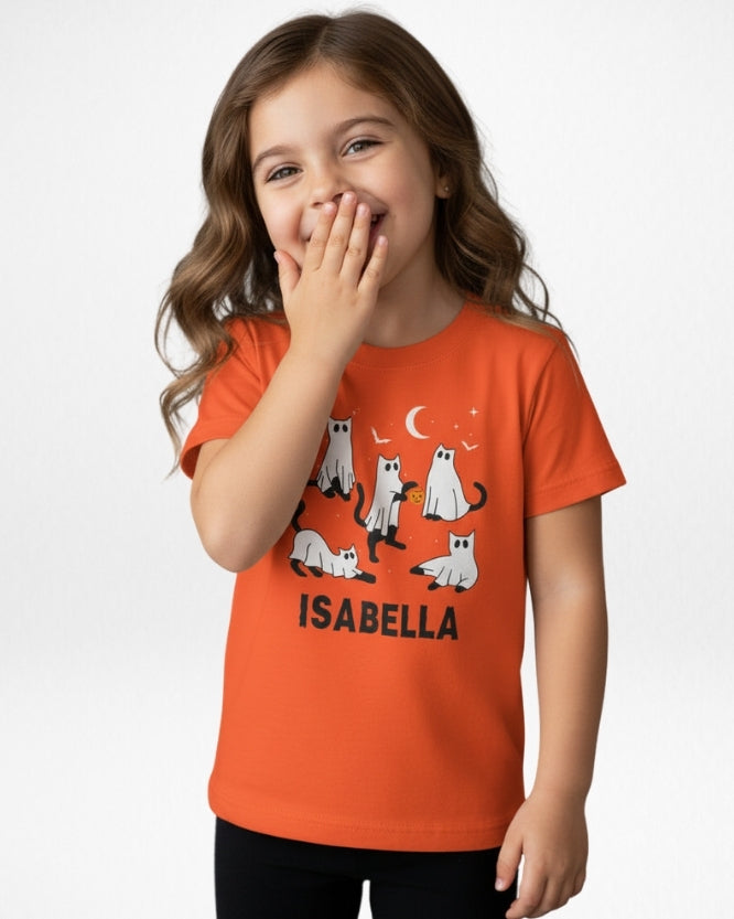 Smiling child wearing custom name ghost cat Halloween t-shirt orange kids personalised spooky outfit