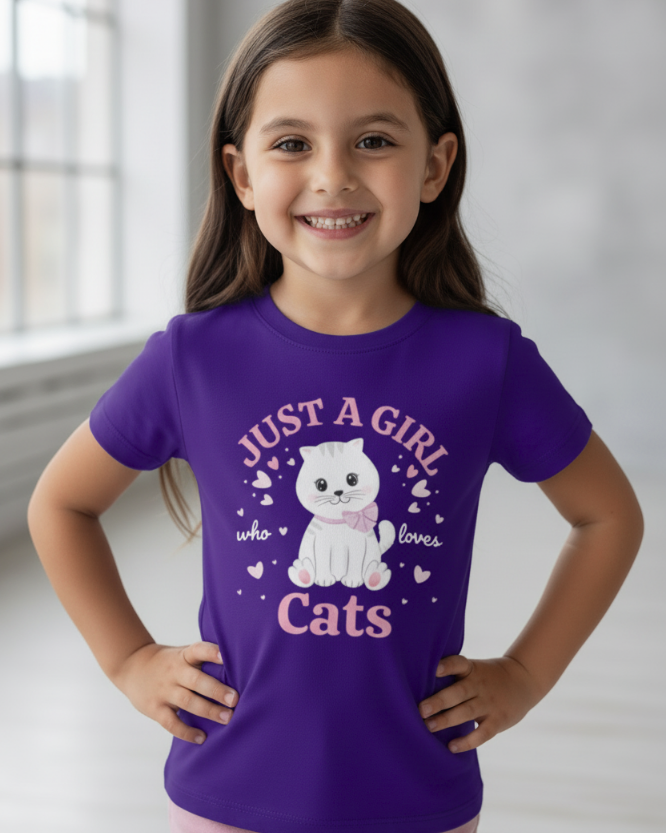 Girl modelling purple “Just a Girl Who Loves Cats” kids T-shirt with cute white kitten graphic and hearts, studio background.