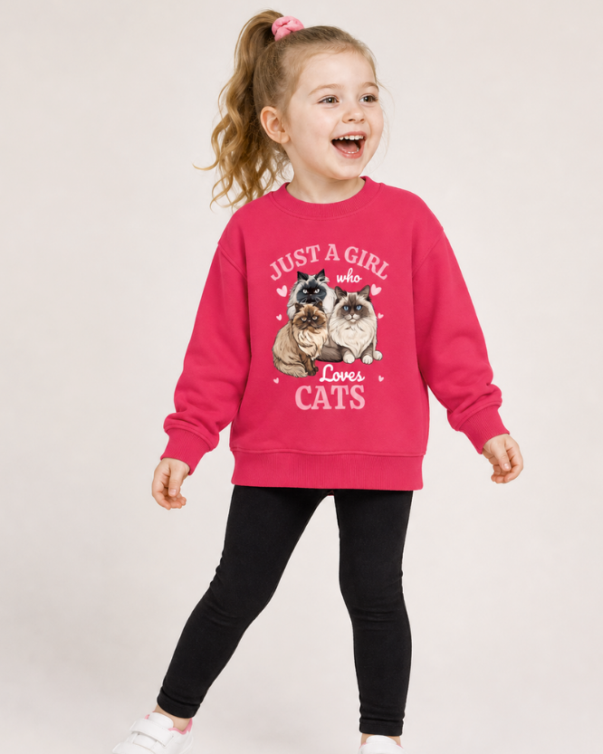 Girl wearing pink just a girl who loves cats sweatshirt with black leggings, kids cat lover jumper, soft cotton kidswear UK, studio background