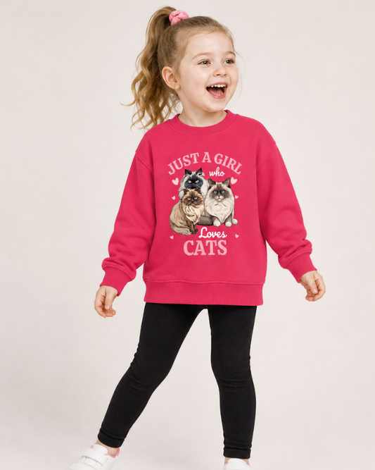 Girl wearing pink just a girl who loves cats sweatshirt with black leggings, kids cat lover jumper, soft cotton kidswear UK, studio background