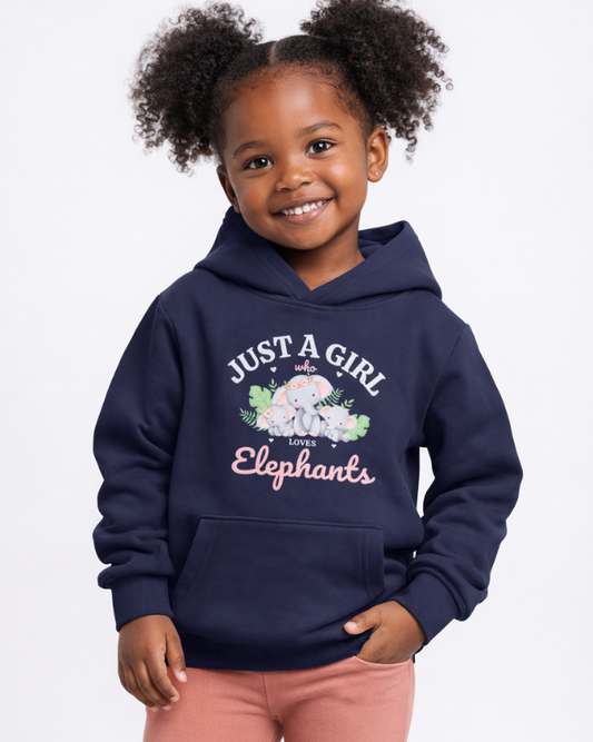 Child model wearing navy elephant print hoodie front view kids pullover sweatshirt